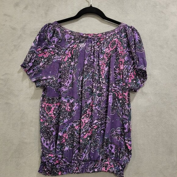 Emma James Sheer Blouson Top Wome's Size Large Paisley Blouse Short Sleeves - Picture 2 of 5